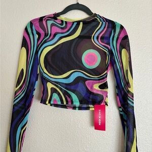SHEIN Long Sleeve Mesh Swirl Print Top - Size S